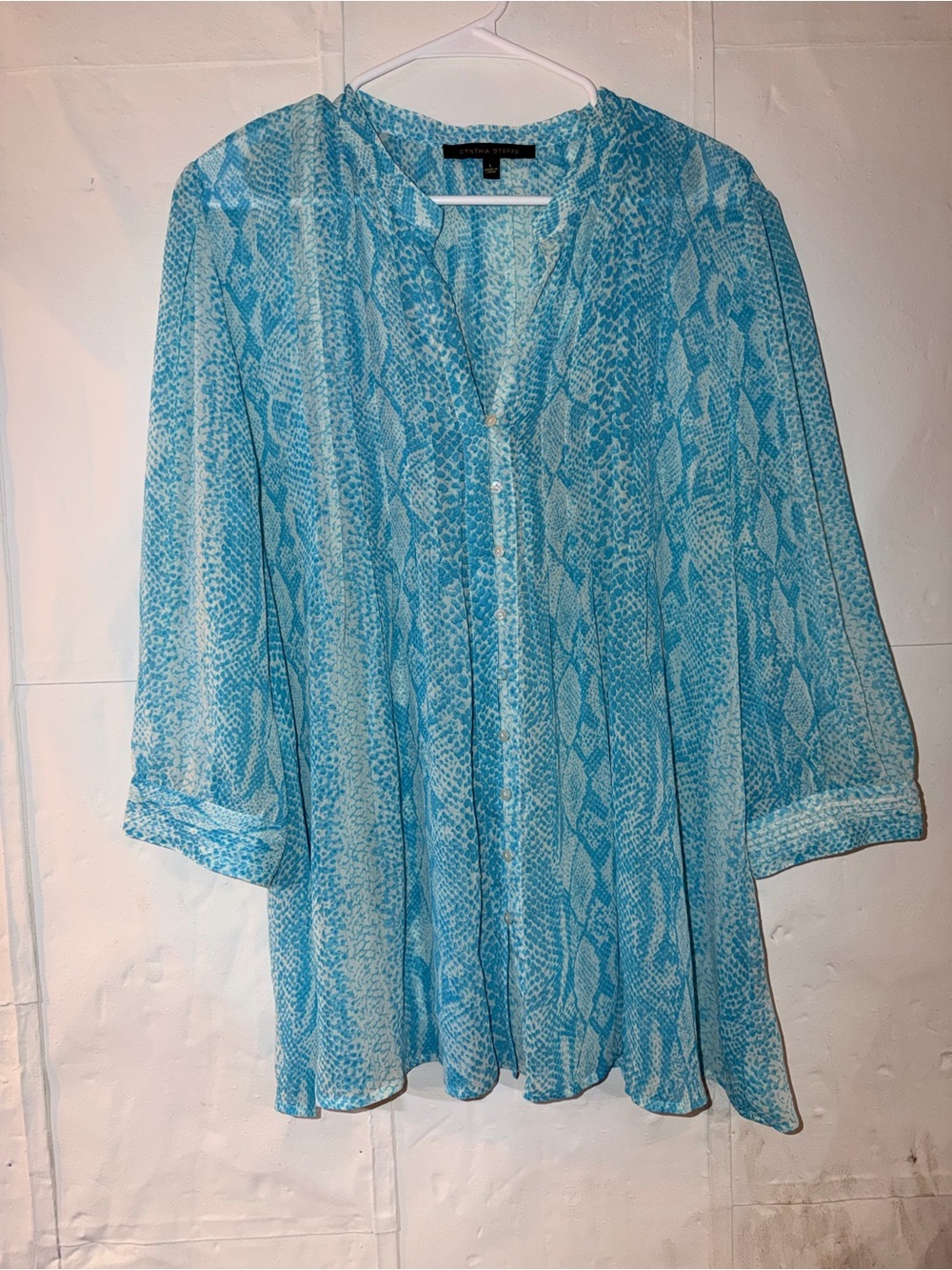 Cynthia Steffe Blue Snakeskin-Print Button Front Blouse